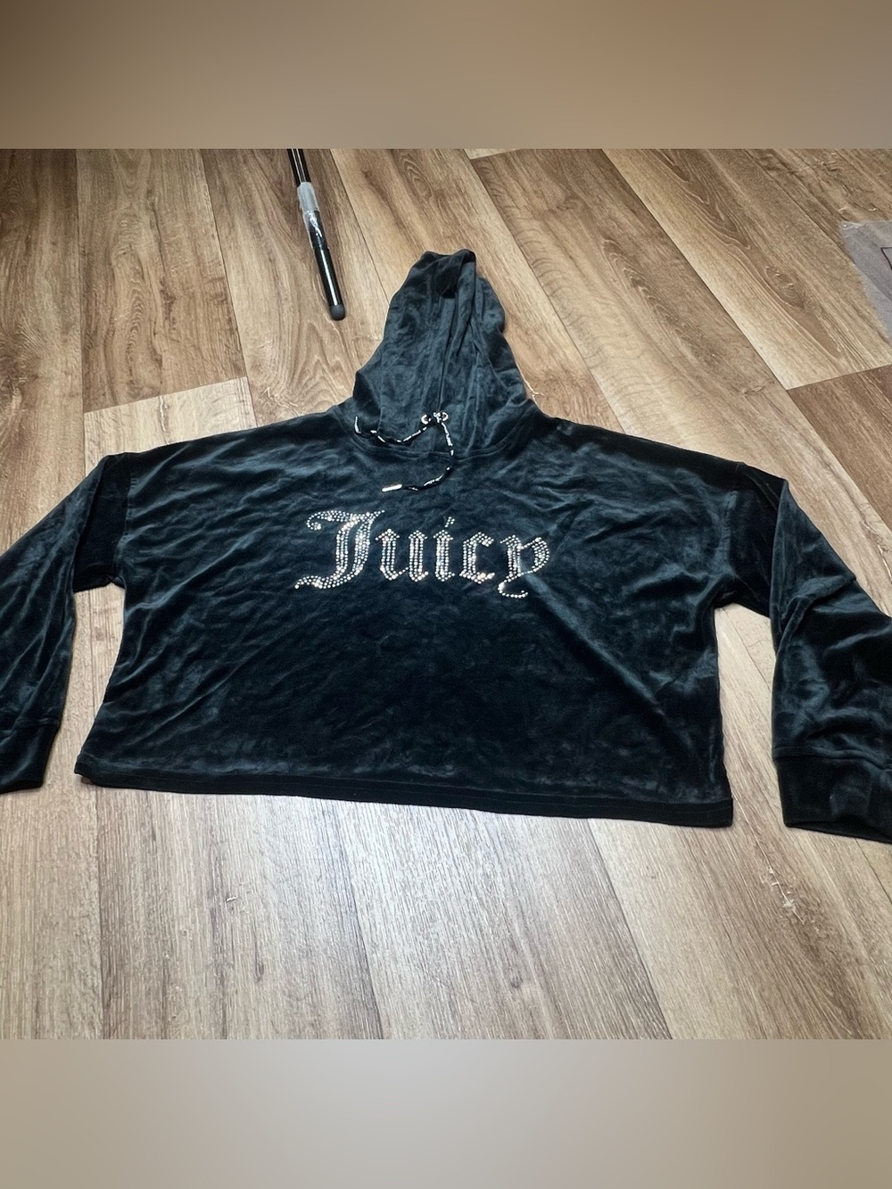 Vintage Juicy Couture Black Velour Pullover Hooded Rhinestone Logo Hoodie Size L